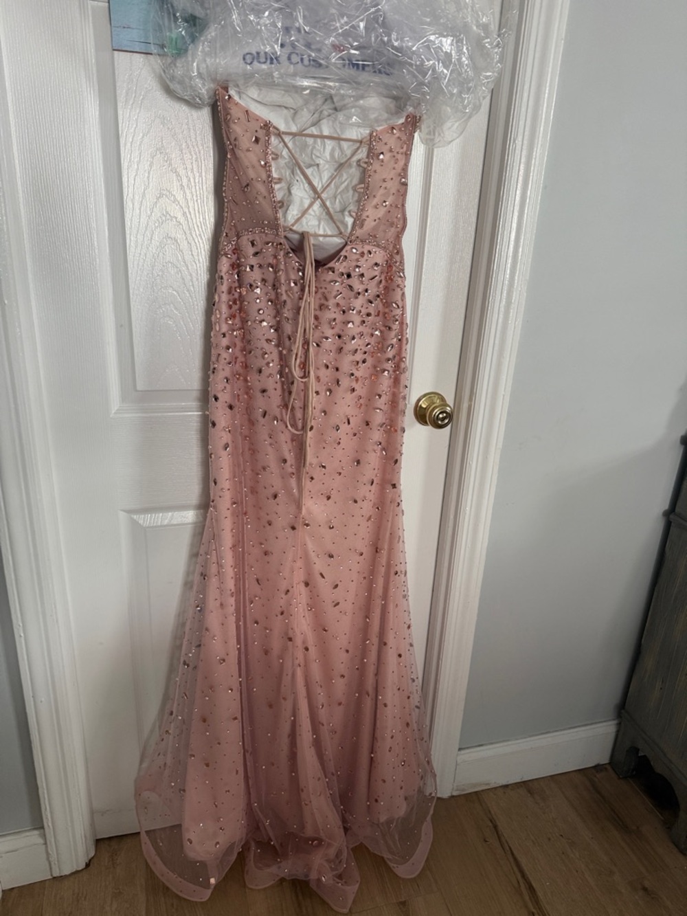 Blush Pink Strapless Beaded Evening Gown - Picture 4 of 6